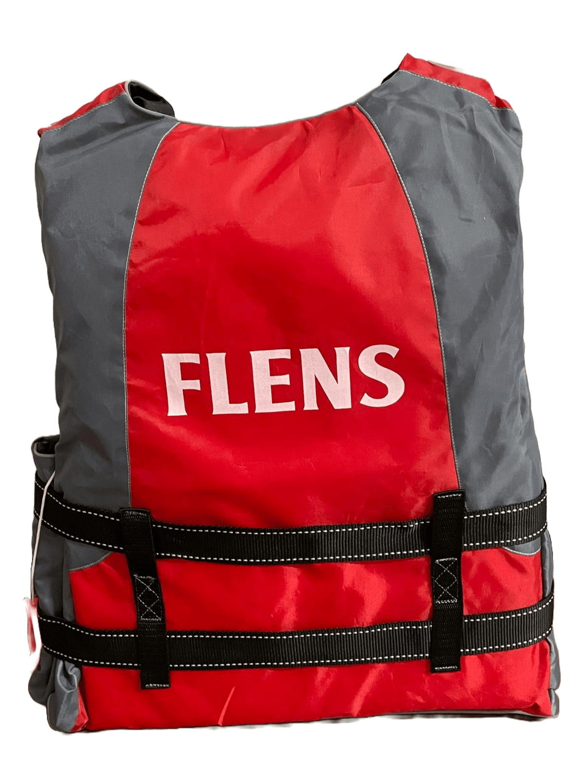 Rückseite einer rot-grauen Rettungsweste mit zwei schwarzen Gurten und dem weißen Schriftzug „FLENS“ in der Rückenmitte.