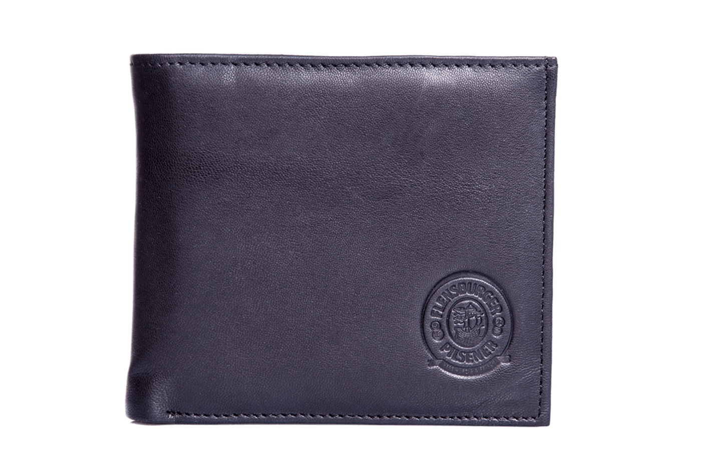 Flensburger Geldbörse aus hochwertigem, weichem Nappa-Leder in Schwarz. Die Geldbörse zeigt ein geprägtes Logo und ist praktisch für Münzen, Scheine und Karten.