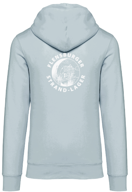 Hellblauer Hoodie mit Kapuze zeigt auf dem Rücken ein rundes weißes Logo mit der Aufschrift „Flensburger Strand-Lager“ und einer stilisierten Strandlandschaft.