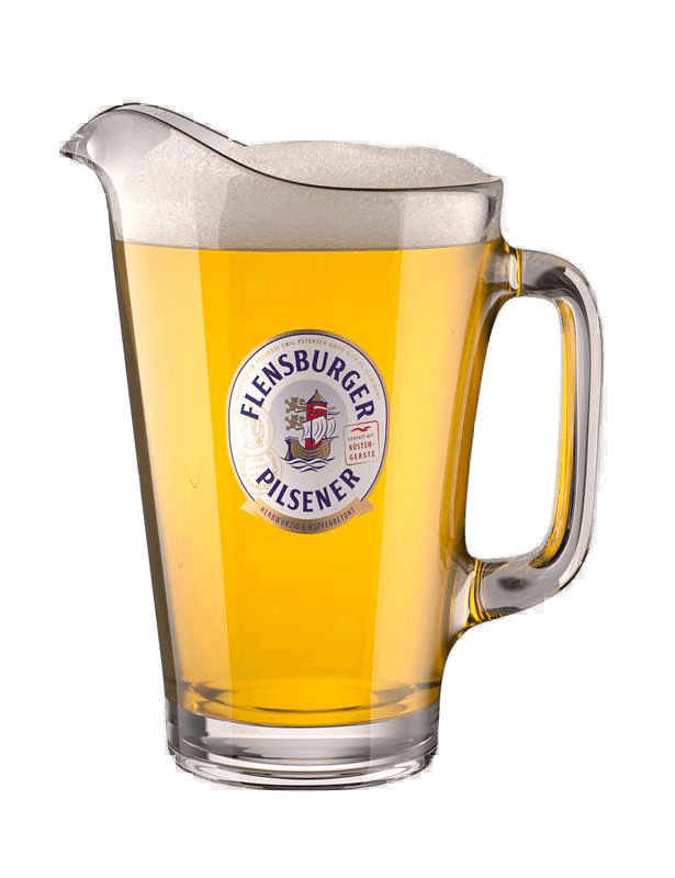 Glaspitcher mit 1,5 Litern Flensburger Pilsener und Schaum, transparent mit Henkel und Flensburger Pilsener Logo auf der Vorderseite.