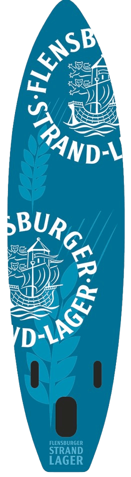 SUP "Strand-Lager" in petrol mit weißen Beschriftungen zeigt das Logo und den Schriftzug "FLENSBURGER STRAND-LAGER".