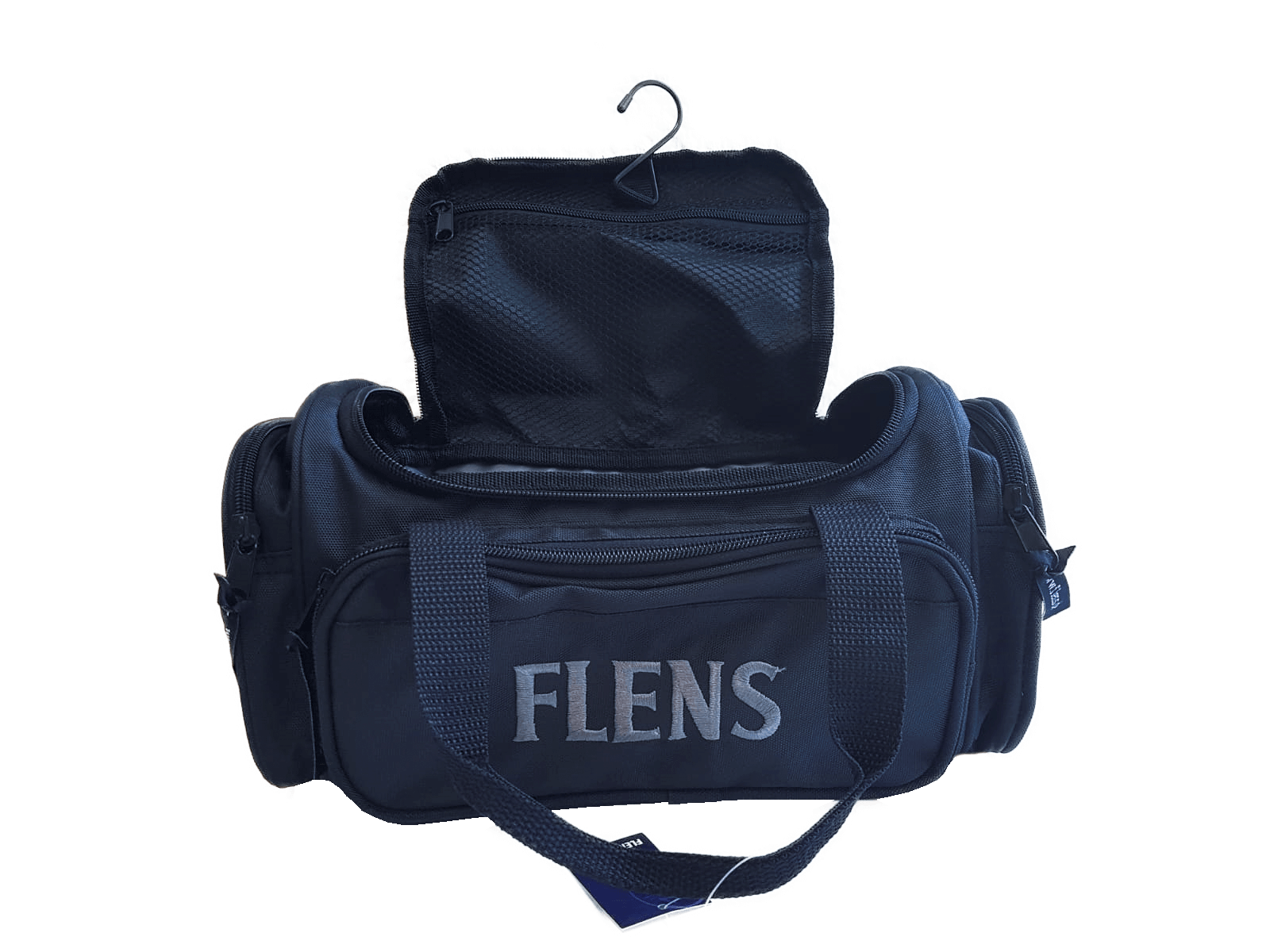 Navyblaue Kulturtasche mit dem weißen Schriftzug "FLENS" auf der Vorderseite. Die Tasche ist geöffnet und zeigt ein herausklappbares Fach mit einem Haken zum Aufhängen.