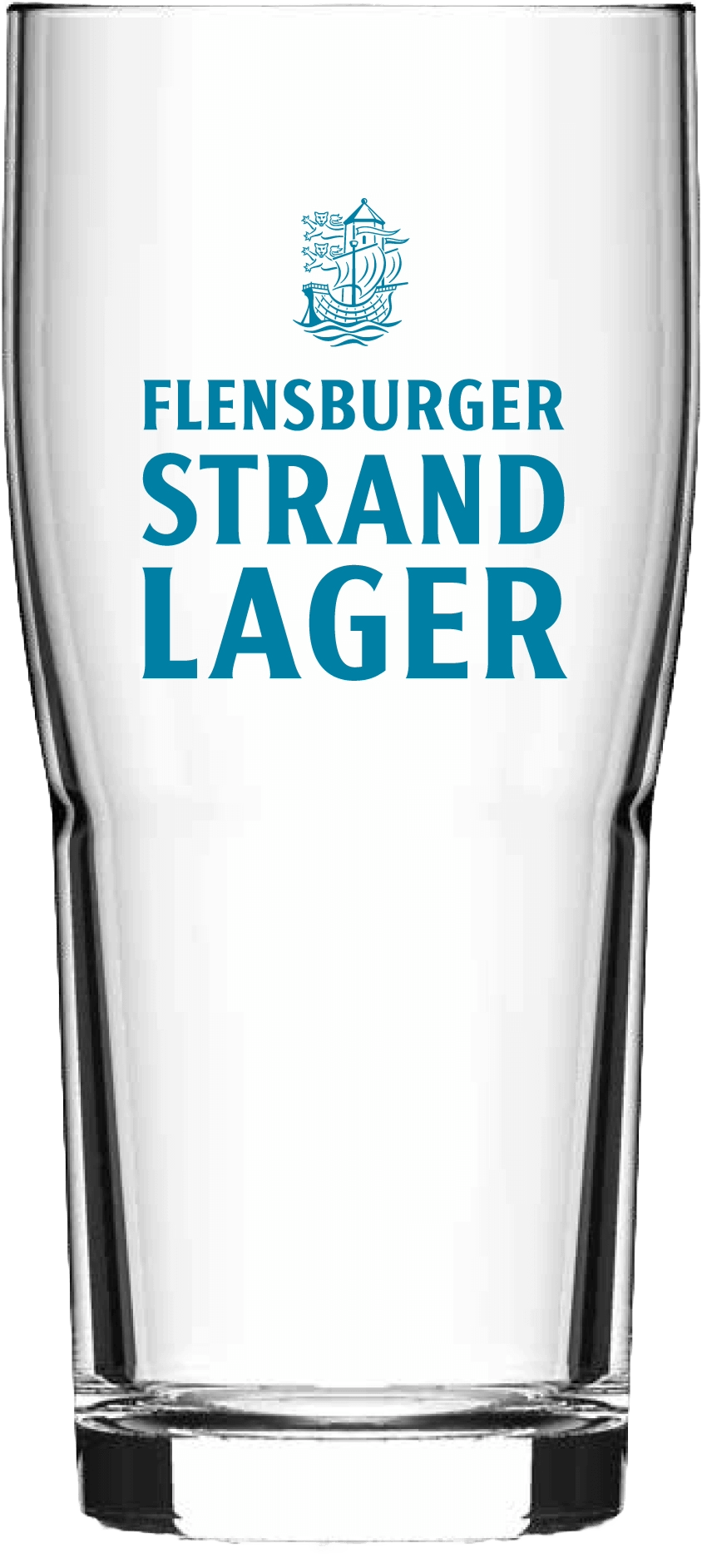 Leerer  0,3 l Glasbecher für Bier mit blauem Aufdruck eines Segelschiffs und dem Text „Flensburger Strand Lager“.