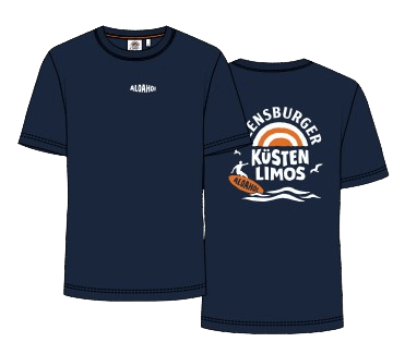 Navyblaues T-Shirt mit kleinem weißen "ALOHAhoi"-Stick auf der Vorderseite. Auf der Rückseite ist ein großer Print mit Schriftzug "FLENSBURGER KÜSTEN LIMOS", Möwen, Surfbrett, Sonne und Wellen.