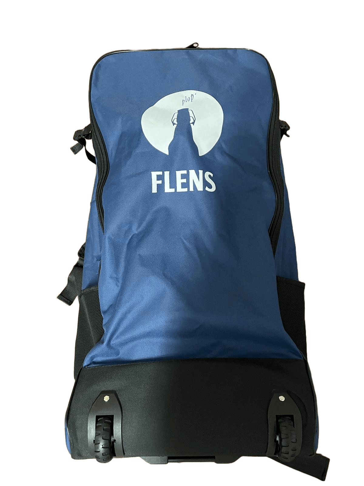 Blauer Rollrucksack mit schwarzen Rollen und Reißverschlüssen. Auf der Vorderseite steht in Weiß "FLENS" unter einer Silhouette einer Flasche mit dem Text "plop'".