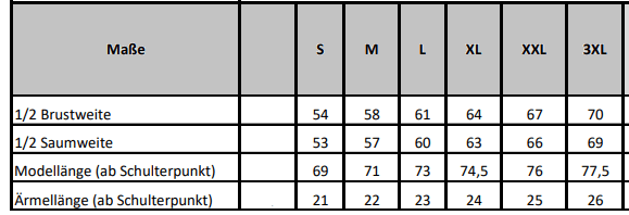 Tabelle zeigt Maße für das Strand-Lager-T-Shirt in Größen S bis 3XL. Angaben umfassen 1/2 Brustweite, 1/2 Saumweite, Modellänge ab Schulterpunkt und Ärmellänge ab Schulterpunkt.