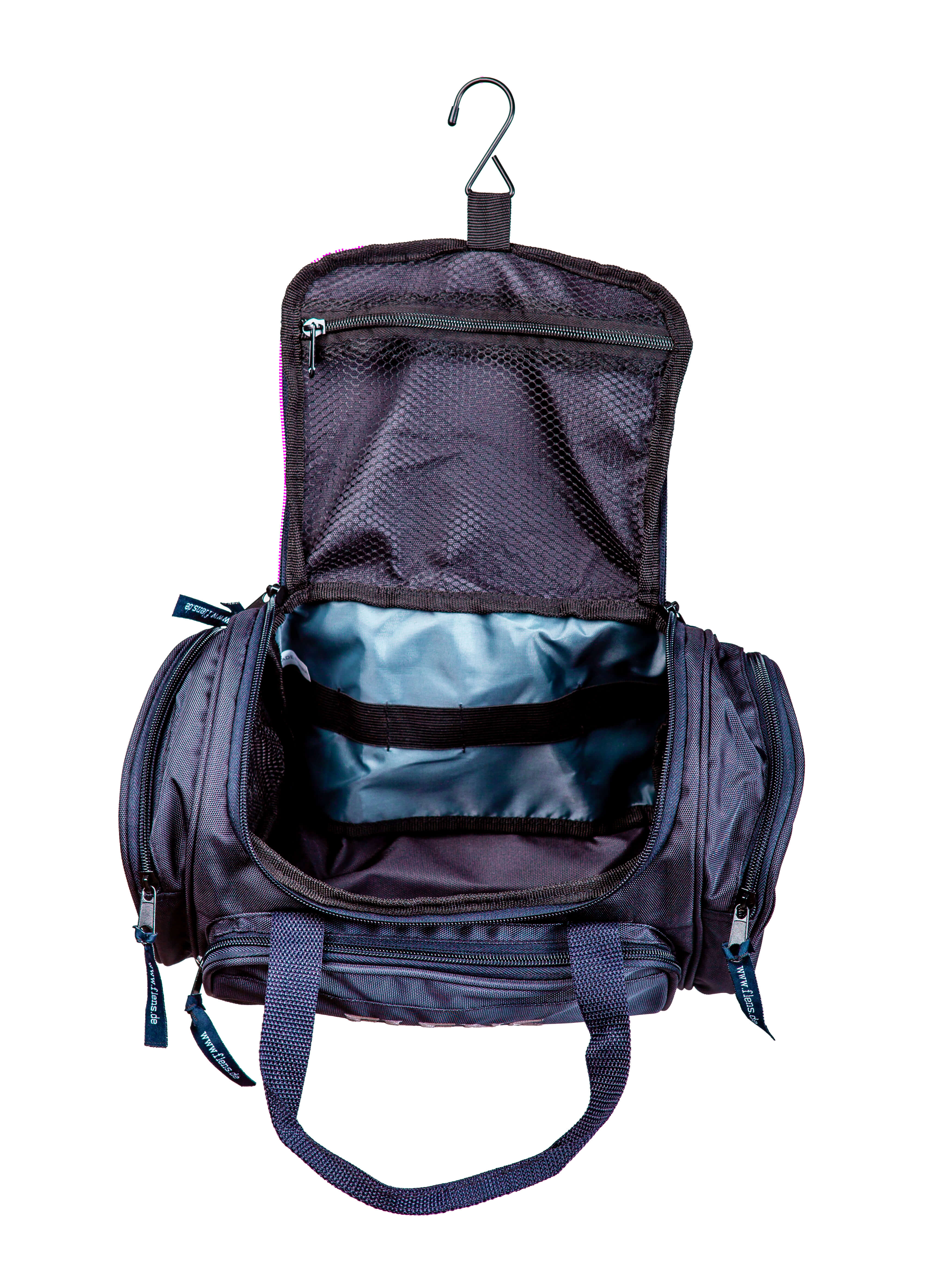 Kulturtasche "FLENS" in Navy aus der Vogelperspektive mit mehreren Reißverschlussfächern und einem Haken zum Aufhängen. Die Tasche ist geöffnet und zeigt das Innenfach mit elastischem Halteband.