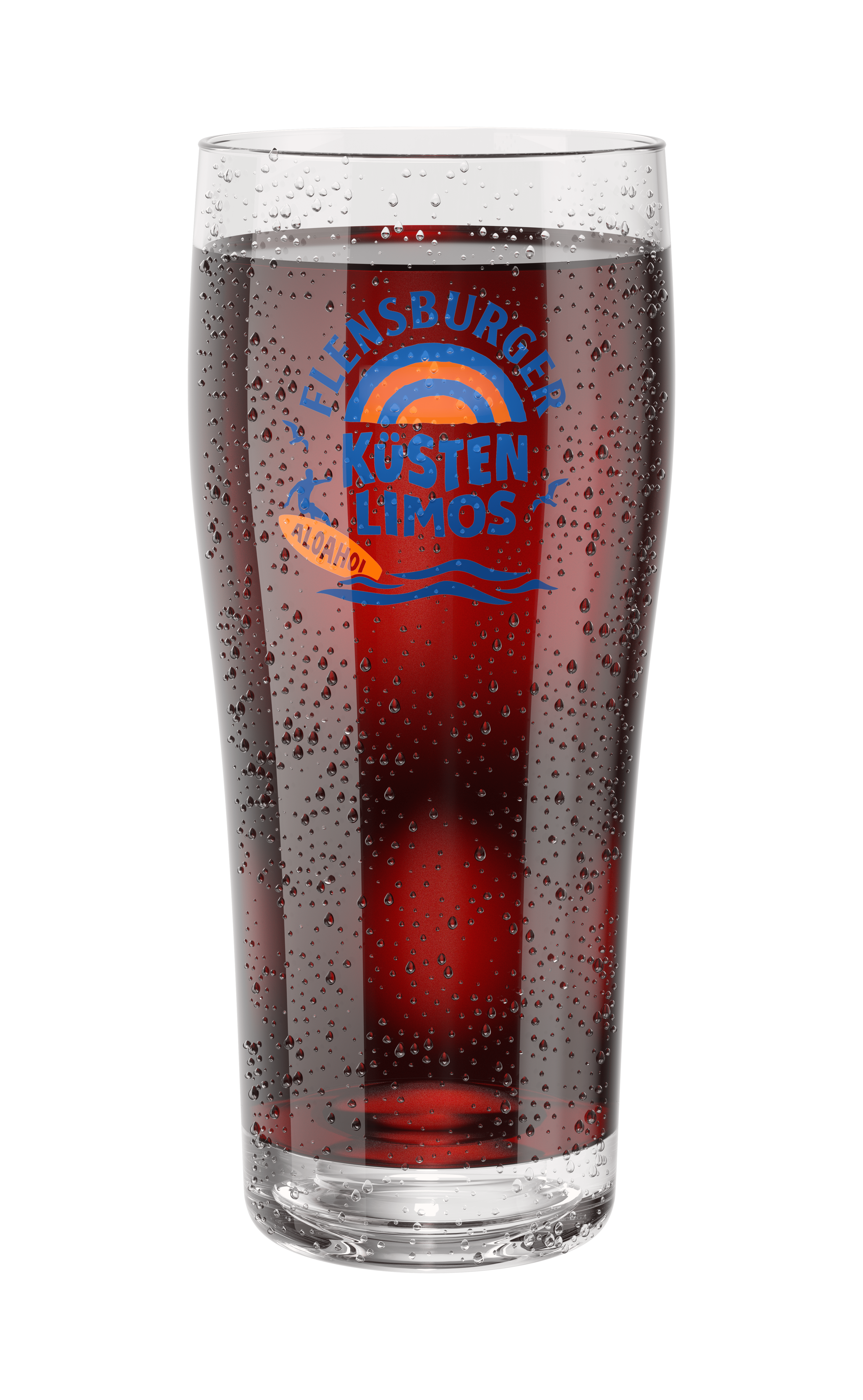 Klares Glas mit vielen Wassertropfen außen gefüllt mit dunklem Getränk. Auf dem Glas steht "Flensburger Küsten Limos" mit einer orange-blauen Wellen- und Sonnen-Illustration und dem Schriftzug "ALOAHOI".