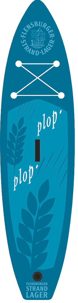Blaues SUP im Strand-Lager Design mit dem Schriftzug "plop'" und stilisierten Blättern. Es ist ideal für entspannte Paddeltouren und wiegt 14 kg, inklusive Zubehör für den Transport.