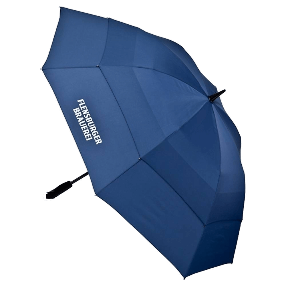 Navyblauer Regenschirm mit der Aufschrift "FLENSBURGER BRAUEREI" auf der Bespannung.
