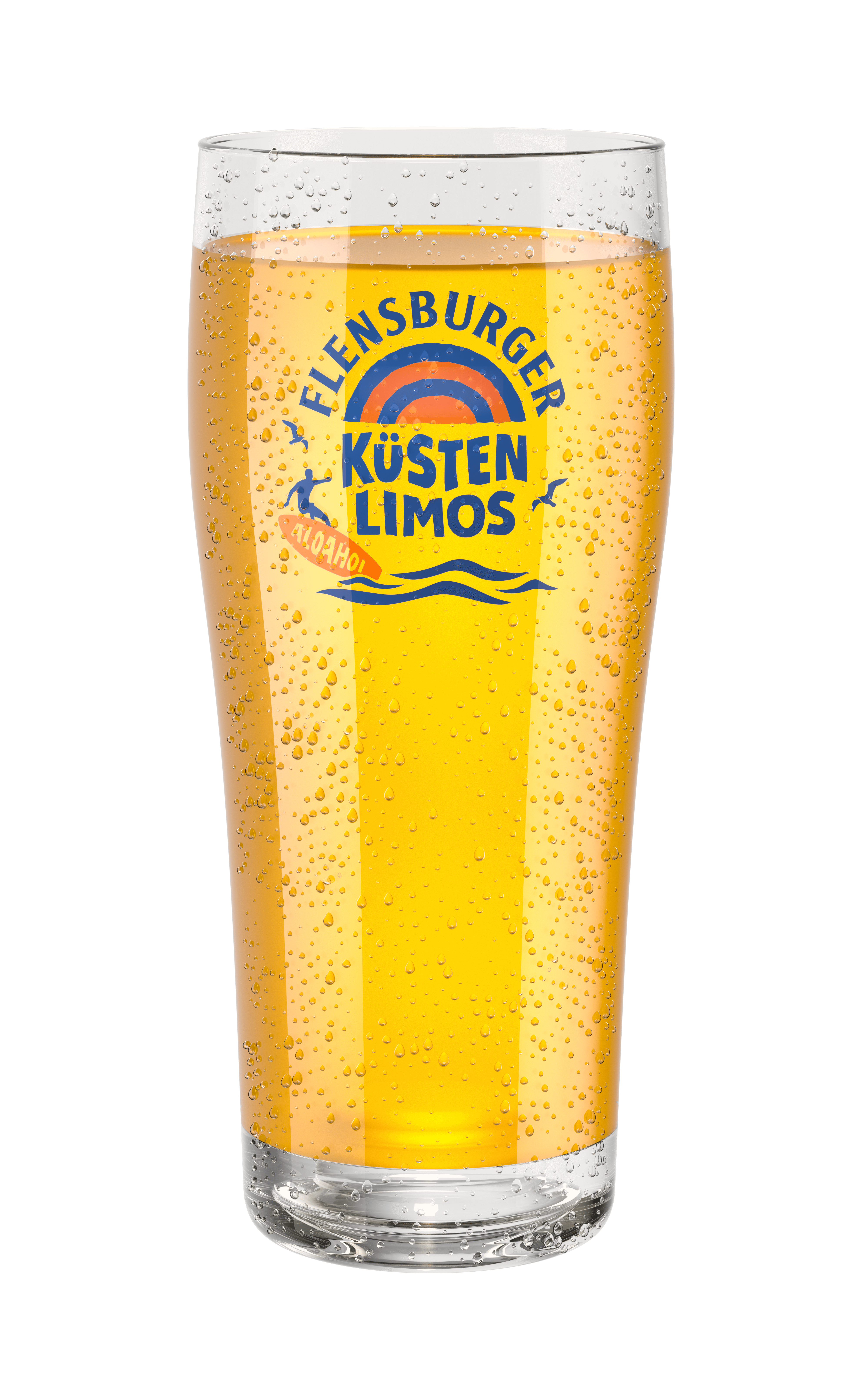 Ein mit gelber Limonade gefülltes Glas mit Wassertropfen außen. Auf dem Glas steht in Blau und Orange: „Flensburger Küsten Limos“ und „ALOAHOI!“.
