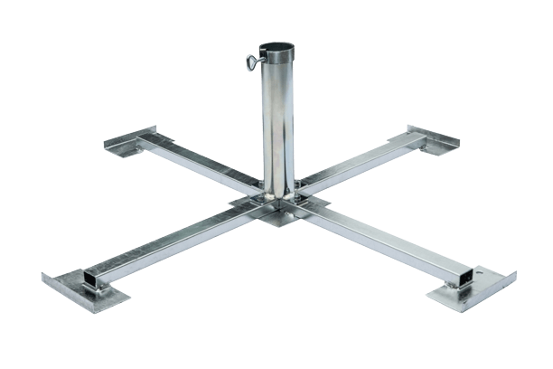 Mobilständer für einen 3x3m-Schirm. Der Ständer hat eine quadratische Basis und eine zentrale Halterung, um den Schirm stabil zu halten. Er besteht aus robustem Metall.