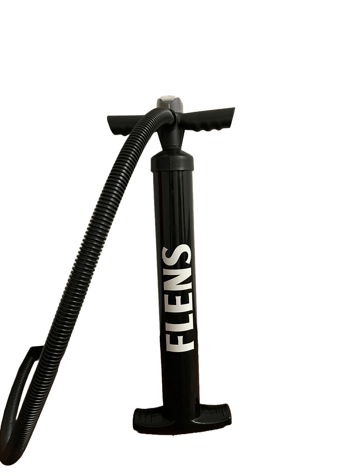 Schwarze Standluftpumpe mit zwei Handgriffen, flexiblem schwarzen Schlauch und weißem Schriftzug „FLENS“ auf dem Pumpenzylinder.