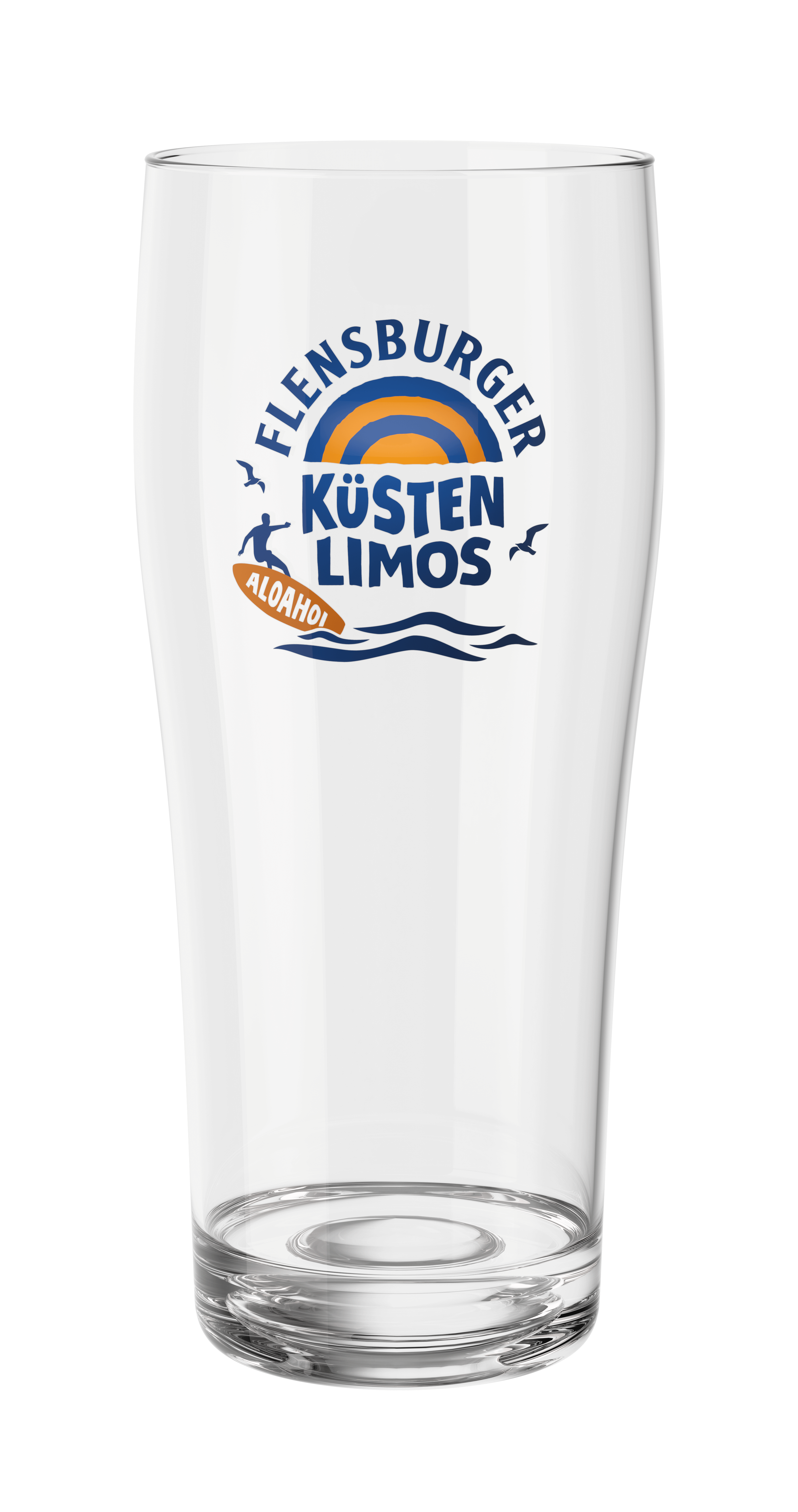 Klares Glas mit aufgedrucktem Logo „Flensburger Küsten Limos“ und Schriftzug „Aloahoi“ sowie stilisiertem Sonnenuntergang, Wellen, Möwen und einer Surfbrett-Figur.