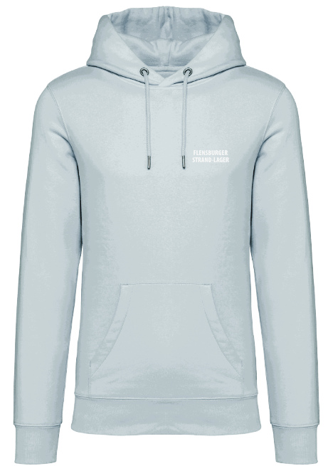 Hellblauer Hoodie mit Kapuze und frontaler Kängurutasche. Weiße Aufschrift "FLENSBURGER STRAND-LAGER" auf der linken Brust. Der Hoodie hat lange Ärmel und verstellbare Kordeln an der Kapuze.
