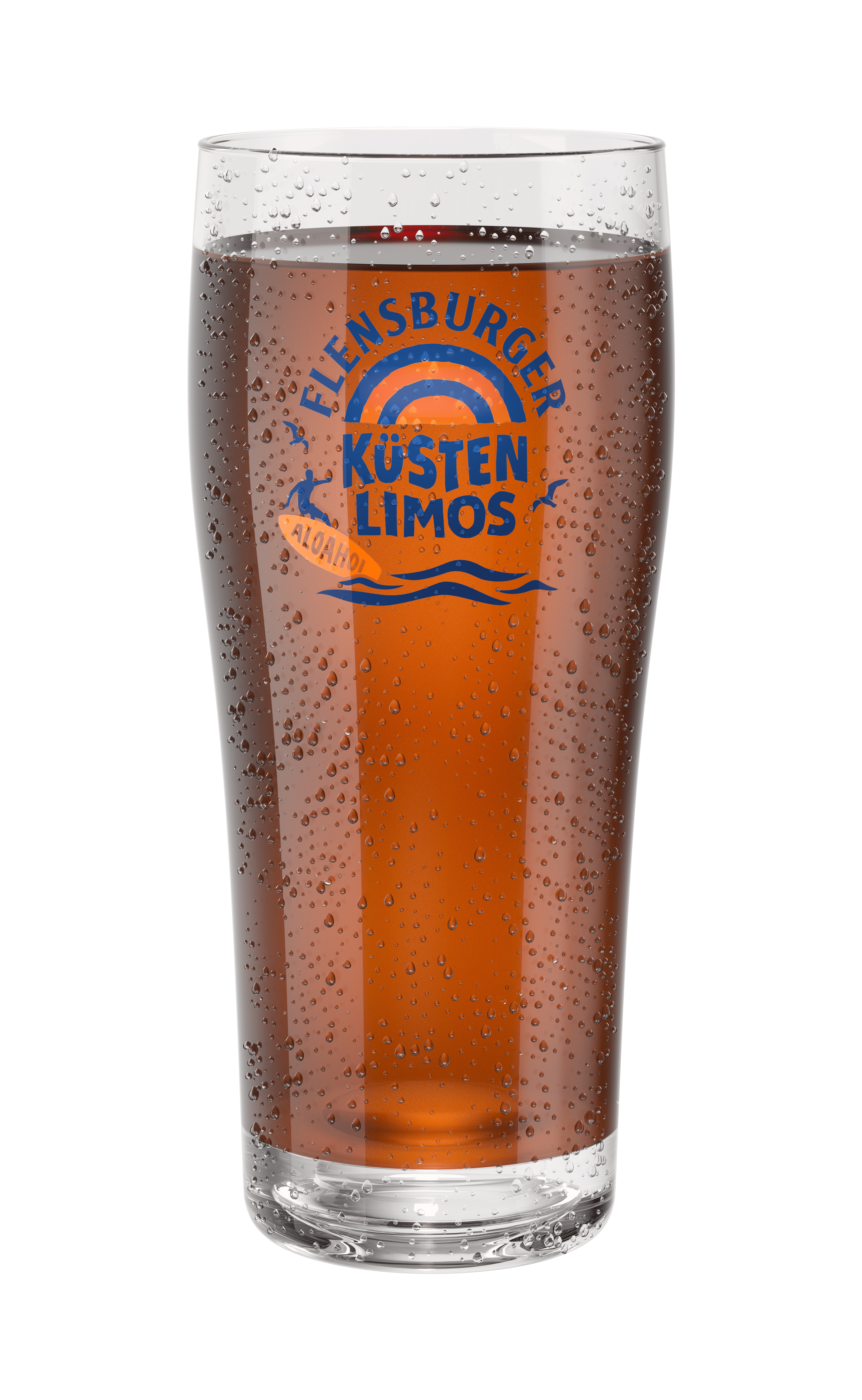 Flensburger Küstenlimo wird in einem kühlen, beschlagene Glas serviert. Das Glas hat ein Fassungsvermögen von 0,2 Litern und zeigt das Logo deutlich.
