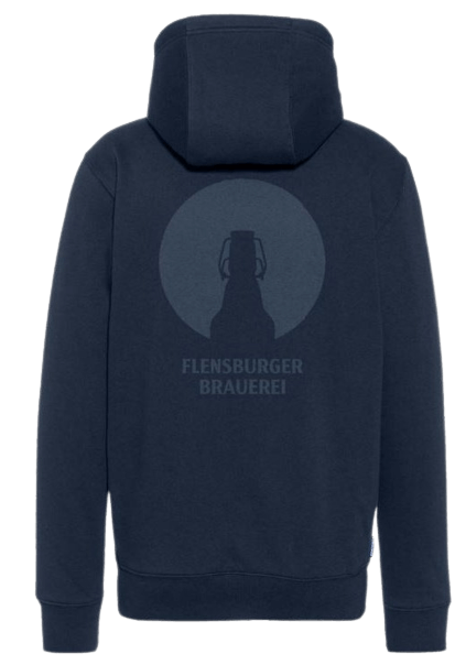 Dunkelblauer Hoodie mit Kapuze zeigt auf dem Rücken ein rundes Logo mit der Silhouette einer Bierflasche und dem Schriftzug „FLENSBURGER BRAUEREI“.
