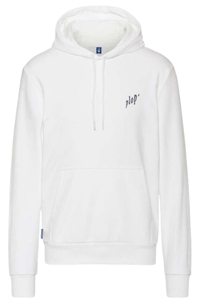 Weißer Hoodie mit Kapuze und Kängurutasche. Auf der linken Brust steht in schwarzer Schrift "plop". Der Hoodie hat lange Ärmel und Kordeln an der Kapuze.